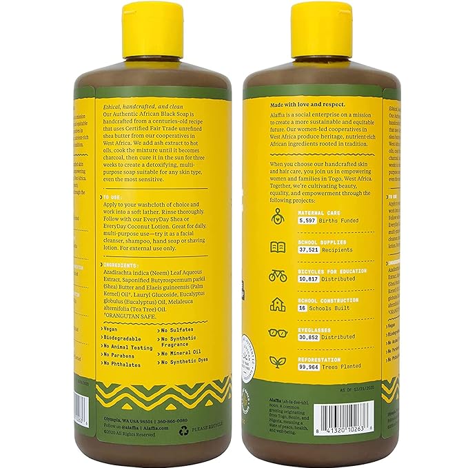 Alaffia Skin Care, Authentic African Black Soap, All in One Liquid Soap, Acne Face Wash, Moisturizing Body Wash, Shampoo, Shaving Soap, Shea Butter, Eucalyptus Tea Tree, 32 Fl Oz