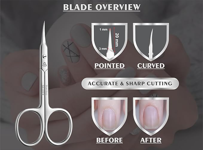 Cuticle Scissors Curved Blade - Extra Fine Pointed Tip Professional Manicure Grooming Scissors for Cuticles, Beard, Nose Hair, Eyelash, Mustache - Eyebrow Scissors