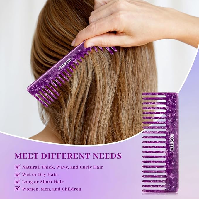 2Pcs Large Bright Violet Wide Tooth Comb for Women, Men, and Kids - Handmade, for Curly Hair. Long and Short Hair Detangler Comb for Wet and Dry Use. Professional Hair Cutting Comb - 6.29 Inches