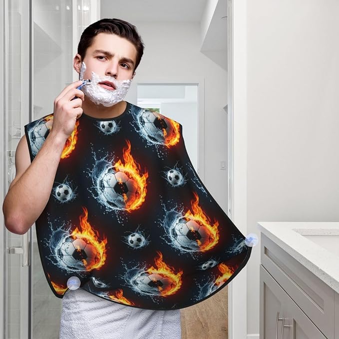 Beard Bib with 3 Suction Cups, Non-Stick Waterproof Hair Catcher Apron, Men's Shaving Essential for Grooming, Water Fire Soccer Ball Shave Bib