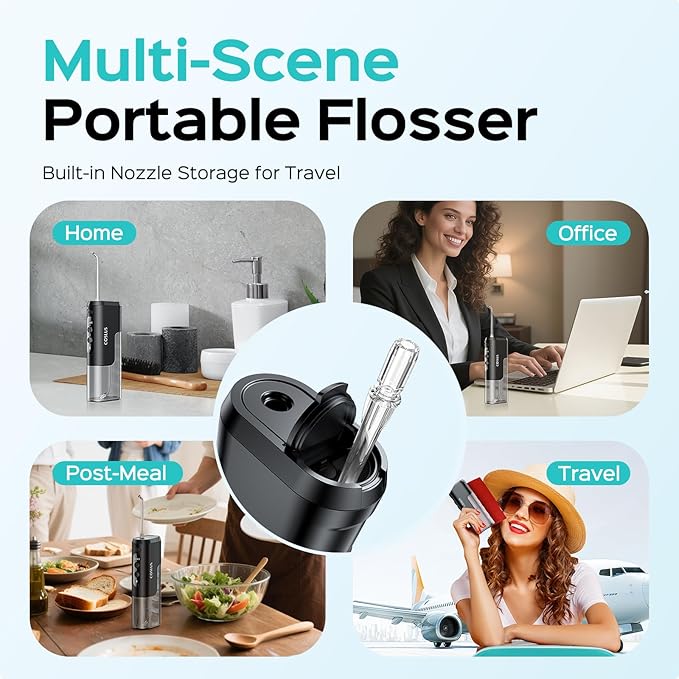 COSLUS T40 Mini Water Flosser for Travel: Portable Compact Design, Cordless Oral Irrigator with 4 Modes, Removable Tank, IPX7 Waterproof for Braces, Orthodontic, Sensitive Teeth On-The-Go Use, Black