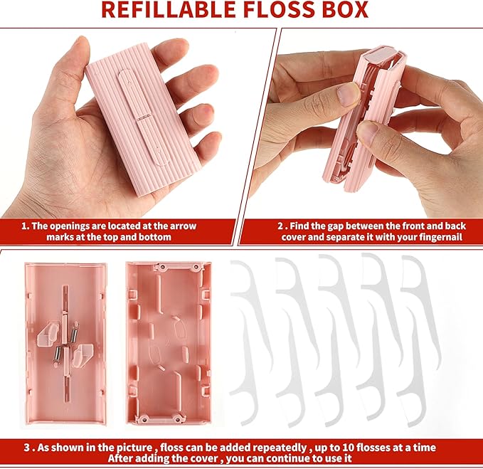 WLLHYF Portable Dental Floss Case Automatic Dental Floss Pick Organizer Case Travel Flosser Dispenser Storage Case Refillable Holder Boxes with 10 Floss Picks for Teeth Cleaning (Pink)