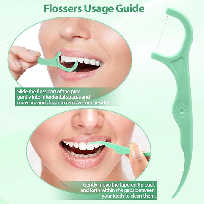 Floss Picks 200 Count Portable Dental Floss Sticks for Teeth Cleaning Dual Function Disposable Dental Floss Picks Comfortable Ergonomic Handle Tooth Picks Flossers 4 Travel Cases Green