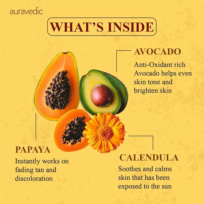 Auravedic De Tan Face Cream with Turmeric, Papaya & Calendula | Hydrating Daily Face Moisturizer for Dull & Sun-Exposed Skin | Lightweight Cream for All Skin Types | 3.53 Oz (100g)