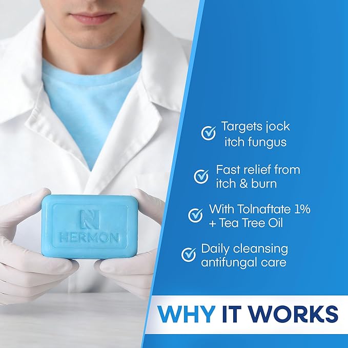 Hermon Jock Itch Antifungal Soap: Antifungal Bar with Tea Tree Oil Soothing Care & Relief of Itching, Burning & Scaling from Jock Itch, Athlete’s Foot & Ringworm – 2 Bars