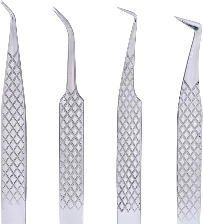 M LASH Tweezers for Eyelash Extensions (Set of 4) - Professional Lash Extension Tweezers - Fiber Tip, Japanese Steel, Diamond Grip Eyelash Extension Tweezer set (Silver)