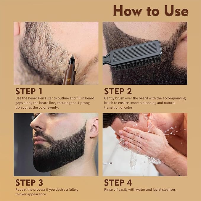 Sevich Beard Pen Filler for Men,Instant Beard Dye for Men,48h Waterproof & Sweatproof, 4-Prong Tip for Seamless Application, Enhances All Beard Types with Fuller, Dark Brown