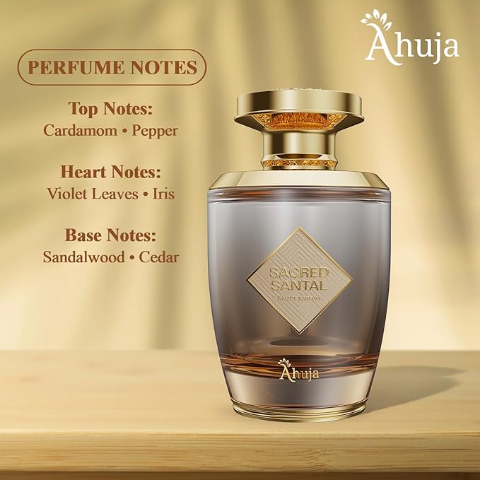 AHUJA Sacred Santal Eau de Parfum 3.4 fl oz – Unisex Luxury Perfume w/Sandalwood, Violet Leaves & Cardamom – Earthy Woody Fragrance w/Spicy Notes – Long-Lasting Cologne