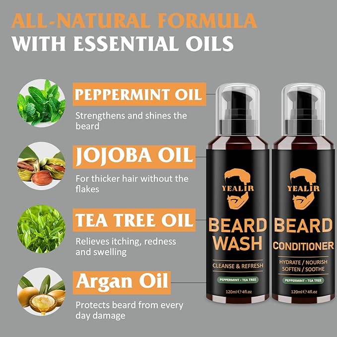 Beard Wash, Beard Conditioner w/Tea Tree Oils, Reduces Beard Dandruff & Relieves Itching, Strengthens, Softens and Nourishes Dry & Coarse Beards - Beard Shampoo w/Beard Brush 2 x 4 Fl Oz