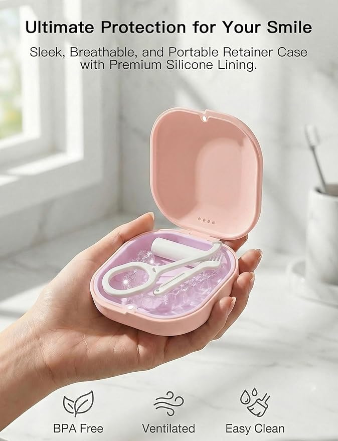 Retainer Case with Vent Holes, Aligner Case for Invisalign, Portable Aligner Kit, Removable Silicone Liner, Orthodontic Storage Box Secure Magnetic Closure for Travel - Pink