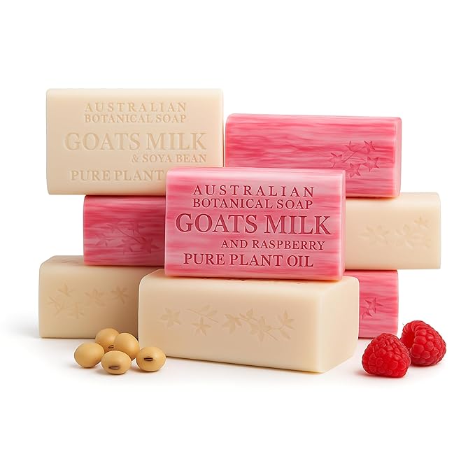 Australian Botanical Soap, Classic Goat Milk and Goat's Milk with Raspberry, 6.6 OZ, Triple Milled Bars made with Enriched with Organic Shea Butter, Pack of 8