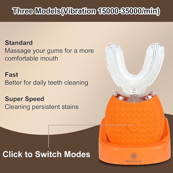 Ultrasonic U-Shaped Toothbrush for Adults, Electric Toothbrush for Teeth Whitening, Automatic 360-degree with Waterproof IPX7,3 Modes for Cleaning(Orange)