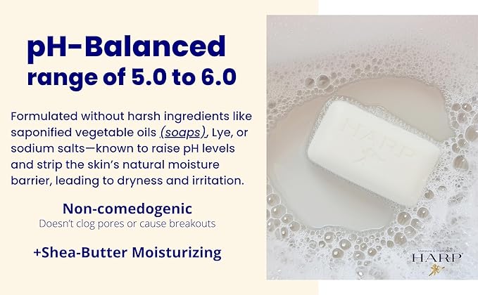 HARP pH-Balanced (5.0-6.0) Exfoliating Body Wash Bar - FRAGRANCE FREE. Bamboo Powder Exfoliation -the perfect consistency. Soap/Lye/Preservative/Dye/Masking agent-Free. Non-comedogenic. 5oz