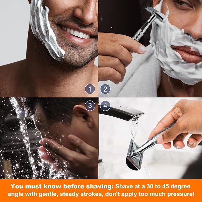 Bright Silver Safety Razor - Single Blade Razors for Men - Reusable Metal Razor, with 5 Stainless Steel Double Edge Blades, Smooth Close Shave, Sustainable, Plastic Free
