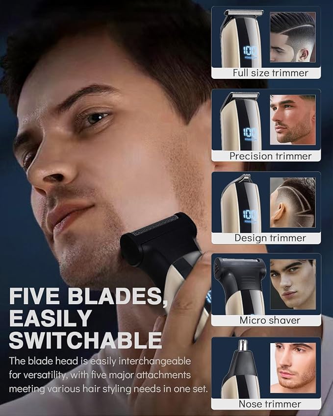 Beard Trimmer for Men - 5 in 1 Kit Electric Razor, Nose Hair Trimmer with LED Display, Cordless Mustache Body Face Grooming Kit, Rechargeable Beard Shaver (Gold)