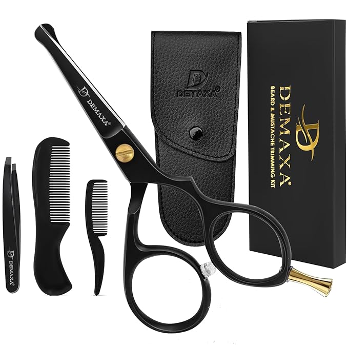 Premium 4.2 Blunt Tip Professional Mustache Scissors Beard Scissors for Men with Slanted Tweezers 1 Mustache Comb 1 Beard Comb & Pouch – Beard Trimming kit & Mustache Kit