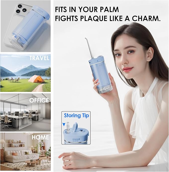 Portable Mini Water Flosser 225ML Long-Lasting Endurance Travel Cordless Oral Irrigator for Gum Care/Implants/Braces (Blue(8Tips))