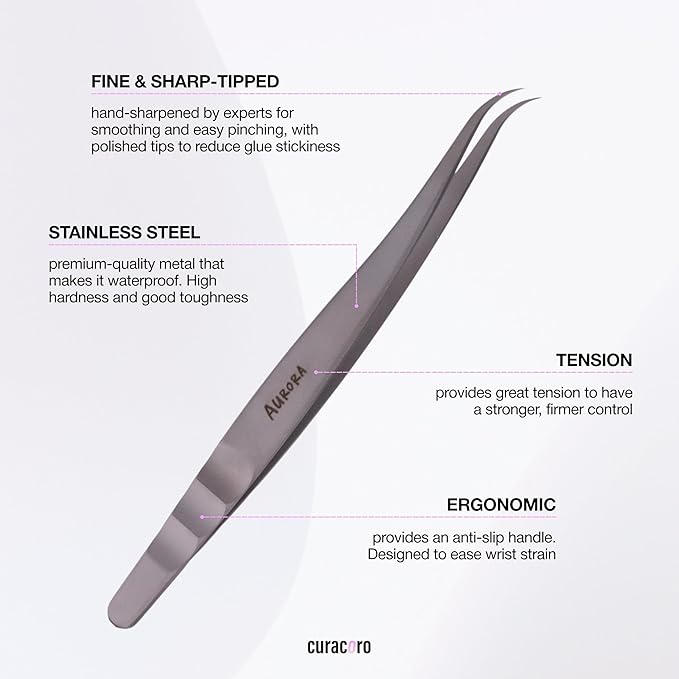 Curacoro Lash Tweezers - LashSmith Fine-Tipped Lash Extension Tweezers for Wispy Sets & Wet-Look Lashes