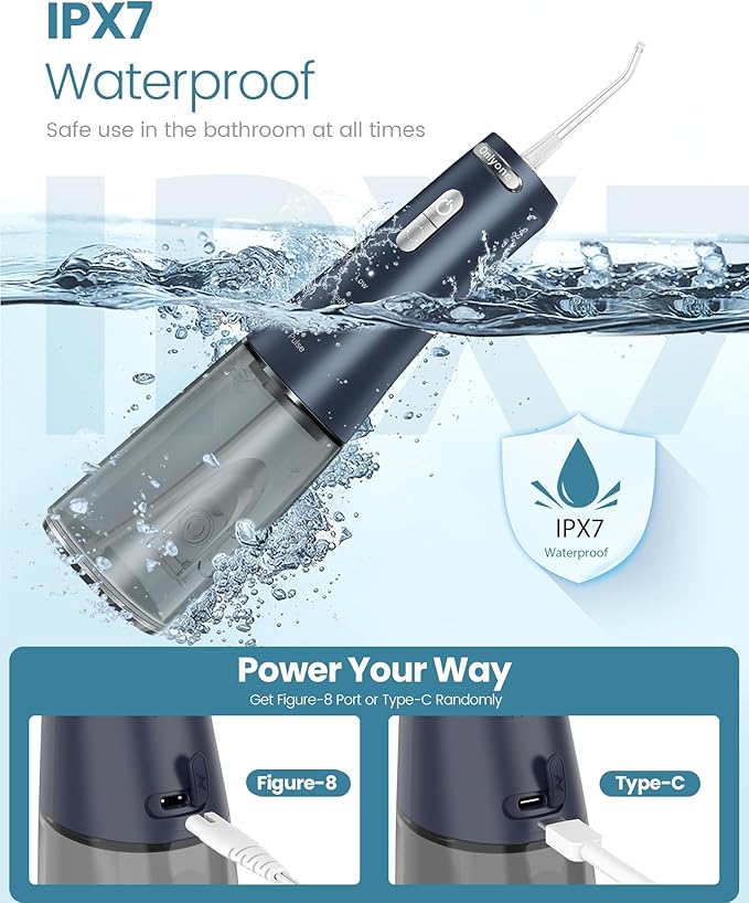 Onlyone Water Dental Flosser Pick for Teeth 300ML Portable Oral Irrigator Rechargeable Travel Irrigation Cleaner Cordless Electric Flossing Machine for Teeth Cleaning Power Flossers IPX7 Waterproof