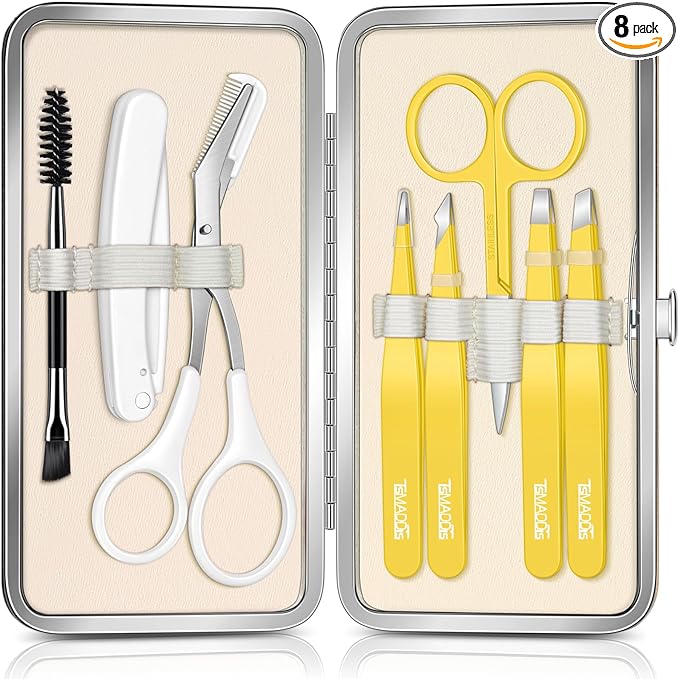 TsMADDTs Eyebrow Trimmer Kit, 8 in 1 Tweezers Set for Women with Eyebrow Trimmer Scissors, Tweezers, Razor, Brush with Travel Bag