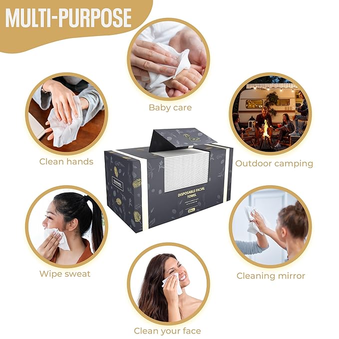 Disposable Facial Towels – Ultra Soft Biodegradable Dry Face Wipes for Sensitive Skin, Lint-Free Cleansing & Makeup Removal Towels for Daily Skincare Routine, 60 Count