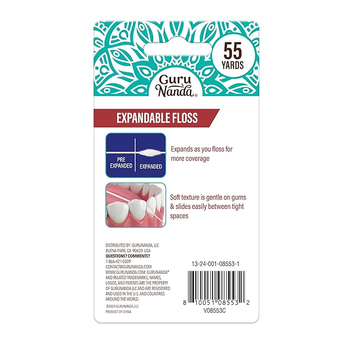 GuruNanda Expandable Waxed Dental Floss for Gentle, Deep Cleaning Wide Teeth Flossing - Cinnamon Flavor - 55 Yards
