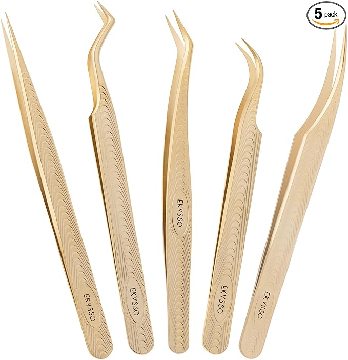 Lash Tweezers for Eyelash Extension, Professional Lash Extension Tweezer Set, High Precision Eyelash Tweezers for Volume Eyelash Extensions (Gold, 5PCS Set)