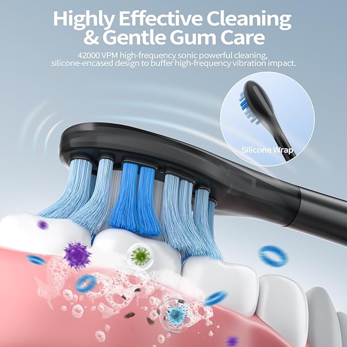 Sonic Electric Toothbrush Adults: 38400 VPM Deep Clean Rechargeable Toothbrush with Smart Display Real-Time Battery, 4 Modes, 6 Brush Heads & 45-Day Battery, Built-in Smart Timer Home Travel Essential