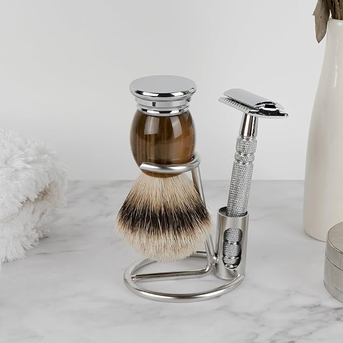 Linkidea Stainless Steel Razor Stand, Men's Grooming Holder for Short Brush, Bathroom Accessories Compatible with Merkur 34HD, 23 C, Henson Shaving AL 13, Vikings Blade (Silver)