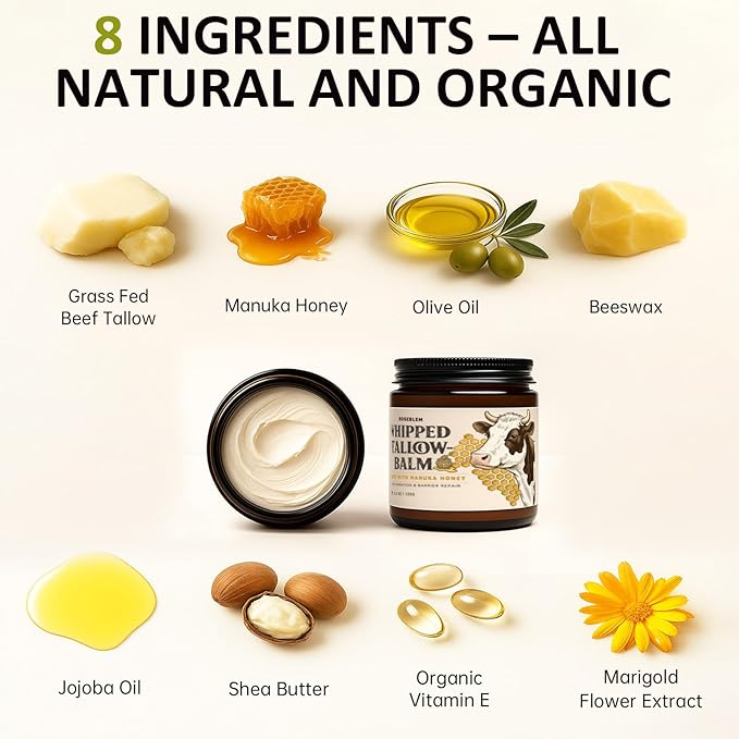 Whipped Tallow Balm for Face – 100% Grass-Fed Organic Beef Tallow Cream with Manuka Honey & Beeswax – Body & Face Moisturizer for Sensitive Skin, Nourishing & Repairing, 4.2 oz