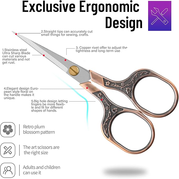 Small Sharp Grooming Scissors Set, Precision Hair & Beard Trimming Shears with Needle-Fine Tip, Vintage Stainless Steel Design, Large Finger Holes, with Protective Sheaths