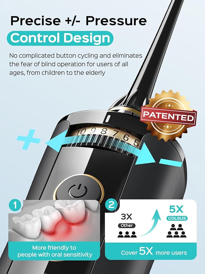 COSLUS E40 Portable Water Flosser for Teeth: 10 Pressure Settings Professional Water Dental Pick for Orthodontic, Braces & Sensitive Gums - Cordless for Travel Use, for Adults Teens, BPA-Free