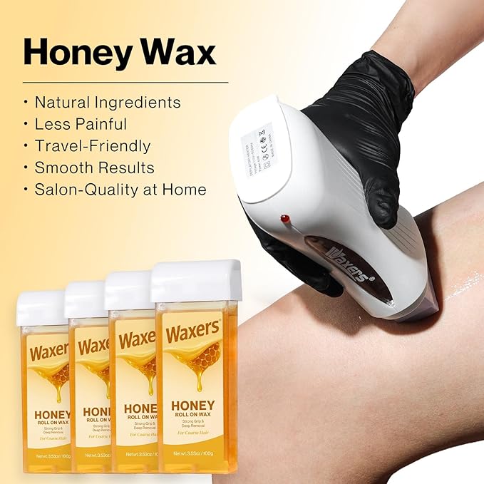 Roll on Wax Kit for Hair Removal Honey at Home Waxing Kit for Women & Men Roller Wax Cartridge Depilotry for Coarse & Thick Hair with Warmer & Strips