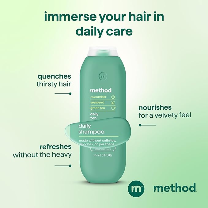 Method Daily Zen Shampoo - Daily Clean for All Hair Types, Softens and Nourishes Hair, Color Safe - Sulfate Free - 14 oz, Pack of 3
