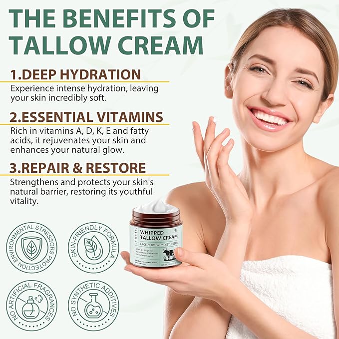Beef Tallow for Skin, Tallow and Honey Balm (4.2 oz) - Tallow Face Moisturizer, Deeply Moisturizing Grass-Fed Tallow Face Moisturizer for Body - All-Natural Hydration for Soft, Supple Skin