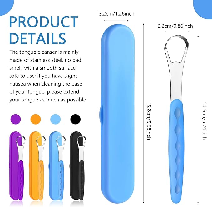 4 Pcs Tongue Scraper Cleaner Adults and Kids Stainless Steel Tongue Brush Metal Scraper Reduce Bad Breath with Travel Cases for Men Women Oral Mouth(Purple, Orange, Blue and Black)