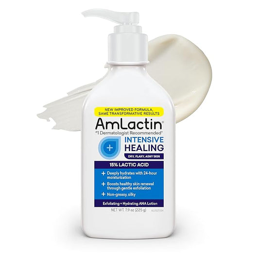 AmLactin Intensive Healing Body Lotion - Therapeutic Lotion for Extremely Dry Skin - No-Scrub Exfoliator and Moisturizer with 15% Lactic Acid AHA and Ceramides, 7.9 oz (Packaging May Vary)