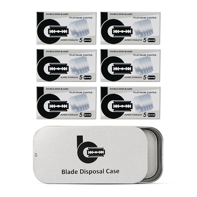 Platinum Coated Safety Razor Blades (USA Stainless Steel, fit All Standard Double Edge Safety Razors), 30 Count, with 1 Compact Razor Blade Disposal Container for Daily & Travel Use