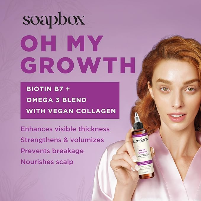 Soapbox Oh My Growth, Lengthening Vitamin Booster Treatment for All Hair Types with Biotin, Vegan Collagen & Vitamins A & C, Paraben & Cruelty Free, For Thicker, Fuller Hair Men & Women, 5oz Pack of 2