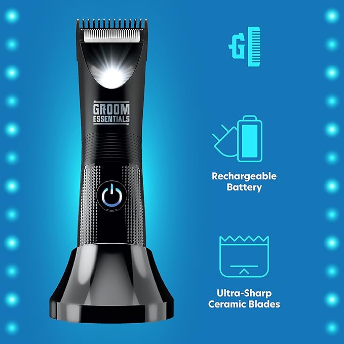 Groom Essentials Rechargeable Hair Trimmer, Body-Hair Shaver with Ceramic Blades, Adjustable 3-Setting Trimming Guide, 90-Minute Battery, Includes Trimmer Stand, Cleaning Brush, and USB Charging Cable
