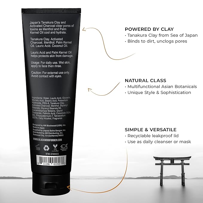 Blackwood For Men Cooling Clay Face Wash - Activated Charcoal, Menthol, & Tanakura Clay Cleanser & Mask for Deep Cleansing & Acne Treatment - Sulfate Free, Paraben Free, & Cruelty Free (4.23 oz)