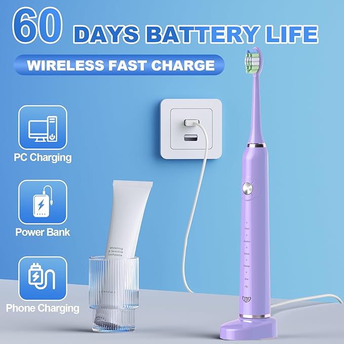 JTF Sonic Electric Toothbrush for Adults: 5 Modes with Smart Timer for Deep Cleaning & Whitening, 2 Brush Head Types for Sensitive Teeth, Gums & Braces, Travel-Friendly Case and Wireless Charging Base