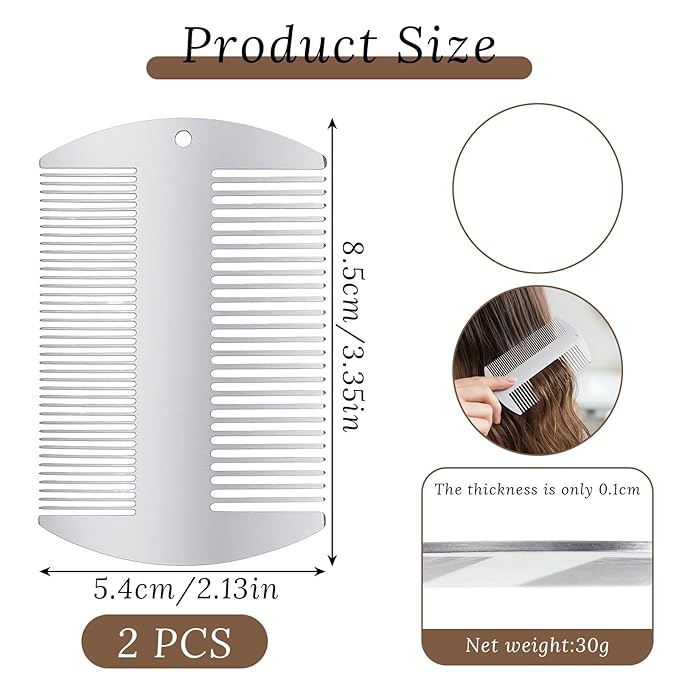2 Pcs Metal Hair Combs for Women Stainless Steel Beard Mustache Comb Anti-Static Dual-Action Beard and Hair Wallet Comb Credit Card Size for Grooming on the Go Gift(Silver)