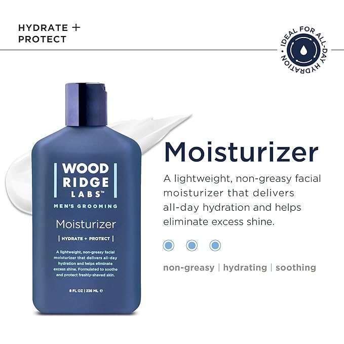 Wooridge Labs Men's Grooming Facial Moisturizer with Vitamin E & Niacinamide - Soothes Freshly Shaved Skin | Lightweight, All-Day Hydration | Non-Greasy | Paraben & Cruelty Free | Made in USA (8 oz)