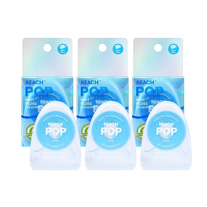 REACH POP Dental Floss, Mint, Plaque Remover for Teeth, Shred Resistant, Vegan Wax, Cruelty Free, Eco Friendly Packaging, Oral Care, PFAS Free, for Adults & Kids, 3 Pack, 54.6 yd