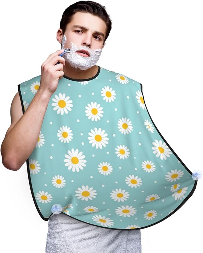 No-Slip Shaving Bib, Beard Grooming Apron with Strong Suction Cups, Floral Daisy Purple Flower