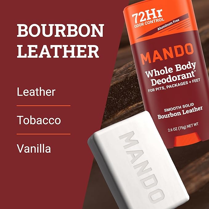 Mando Whole Body Deodorant 3 pc System - 2.6oz Smooth Solid Stick, 5.0oz 4in1 Acidified Cleansing Bar, & 15ct Deodorant Wipes - Aluminum & Baking Soda Free Odor Control - 3 pc Bundle (Bourbon Leather)
