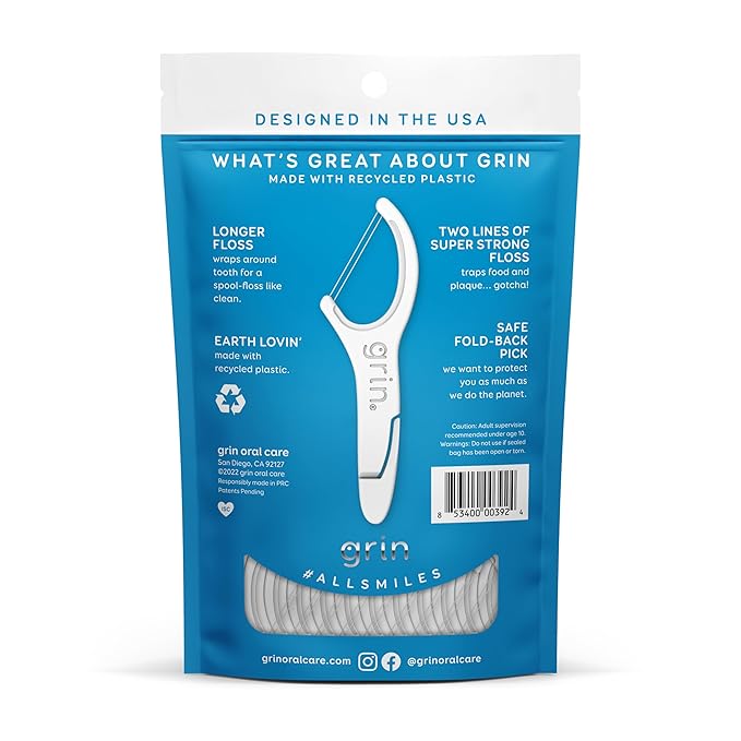 Grin Dental Floss, Minty, 75 Count, Floss Picks | Double Floss Lines | Recycled Plastic | Longer Floss Head | Fold-Back Tooth Pick