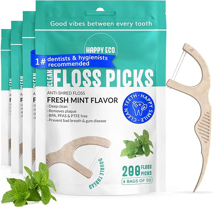 Dental Floss Picks for Teeth (200ct) - Double Thread Tooth Picks Flossers for Adults, Toothpicks Floss, Vegan Corn-Straw Handle, Shred-Resistant String for Interdental Oral Care & Gum Health, Mint