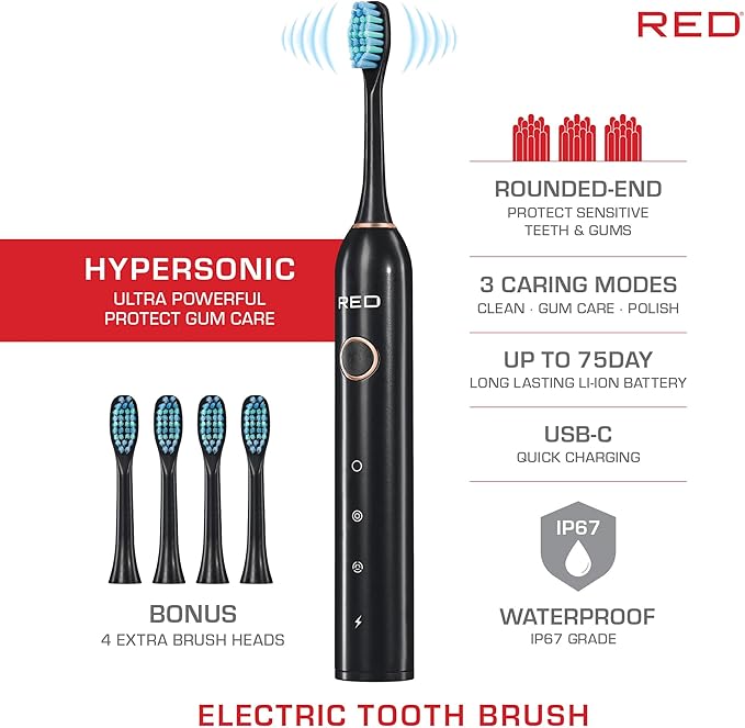 Red by Kiss Hypersonic Ultra Powerful Electric Toothbrush – 3 Cleaning Modes, Gum Care Protection, 75-Day Battery, USB-C Fast Charging, Waterproof IP67, with Extra Brush Head Set (Black)